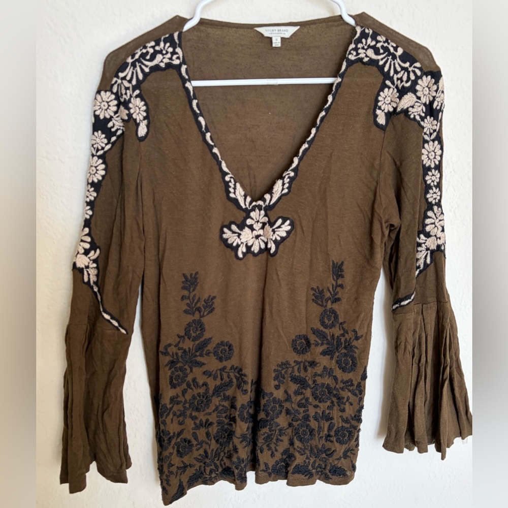 Lucky Brand Floral Embroidered Long Sleeve Top